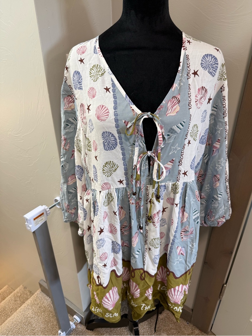 NWT‎ Label of Love Vacation by the Sea Shell Print Mini Dress Long Sleeve Tie Lg